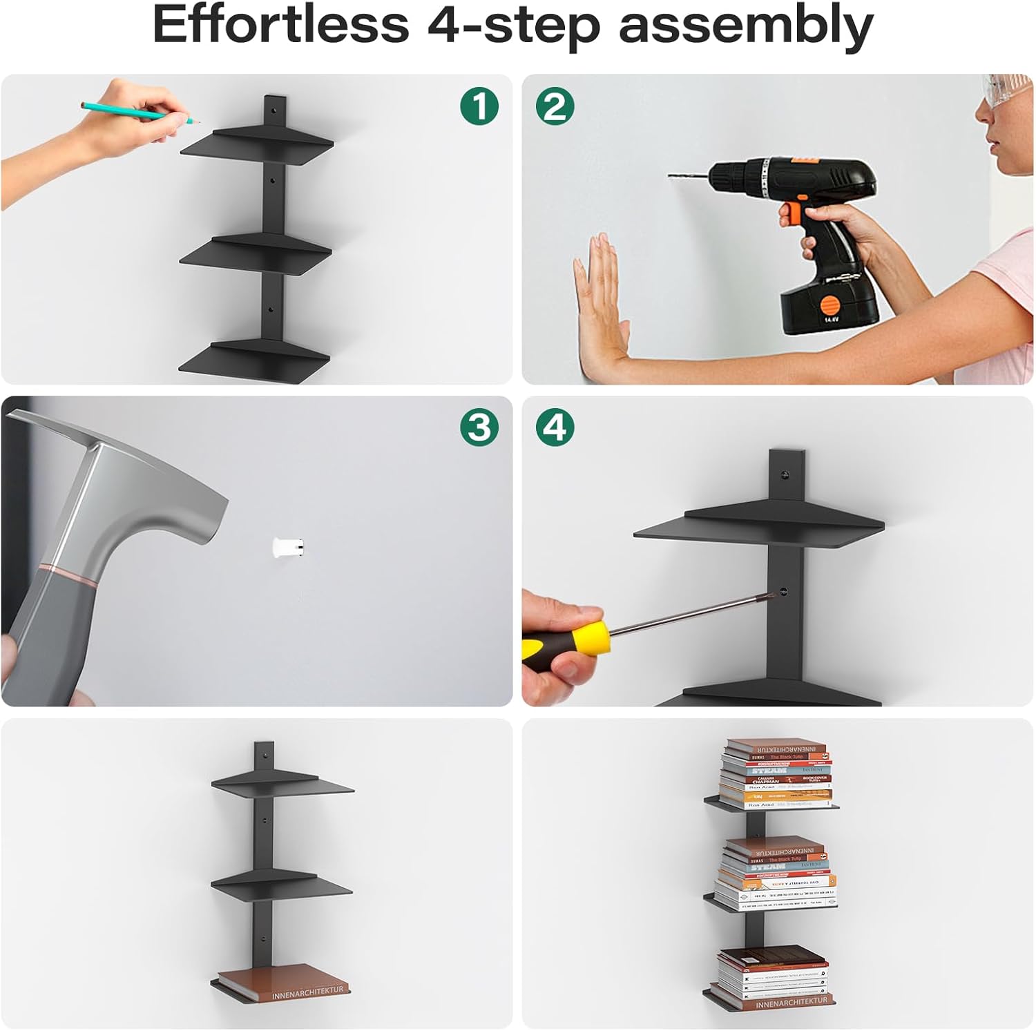 Invisible Floating Bookshelf for Wall Mounted, 2 Pack Black Spine Book Tower, 6 Tier Vertical Book Organizers, Heavy Duty Floating Book Shelves – No Assembly Required, for Office, Bedroom, Kids Room